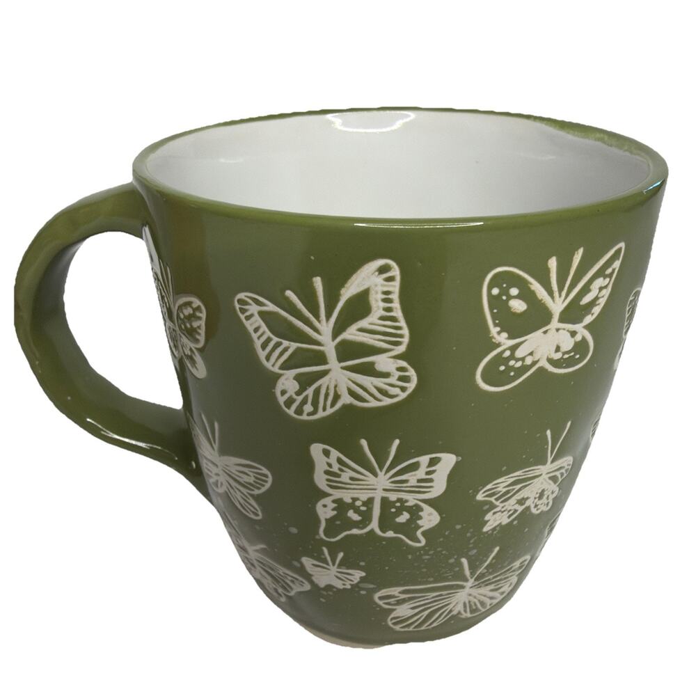 Global Design Connections Etched Butterfly Mug Coffee Tea Cup Green Cream Gift